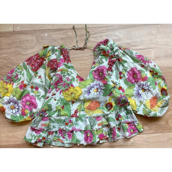 Love The Label Tops - Love The Label Floral Puff Sleeve Ruffle Top V-Neck Cotton Womens L Bohemian